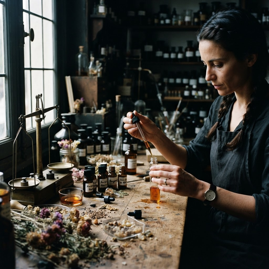 Perfumer measuring amber liquid at an atelier workbench