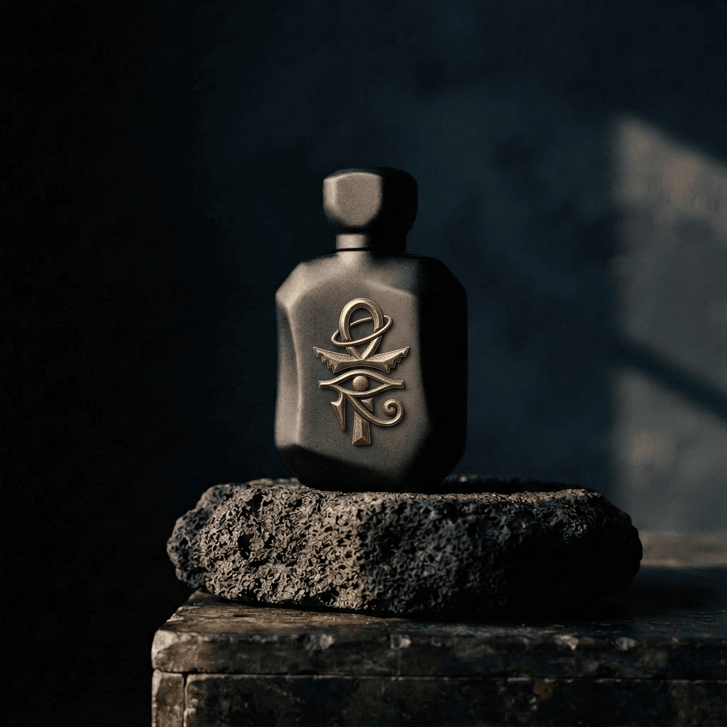 Black HORUSCOPE fragrance bottle in a celestial landscape